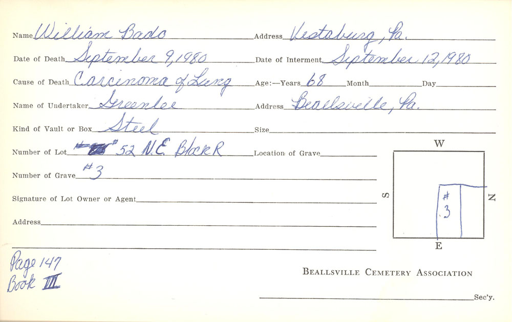 William Bado burial card